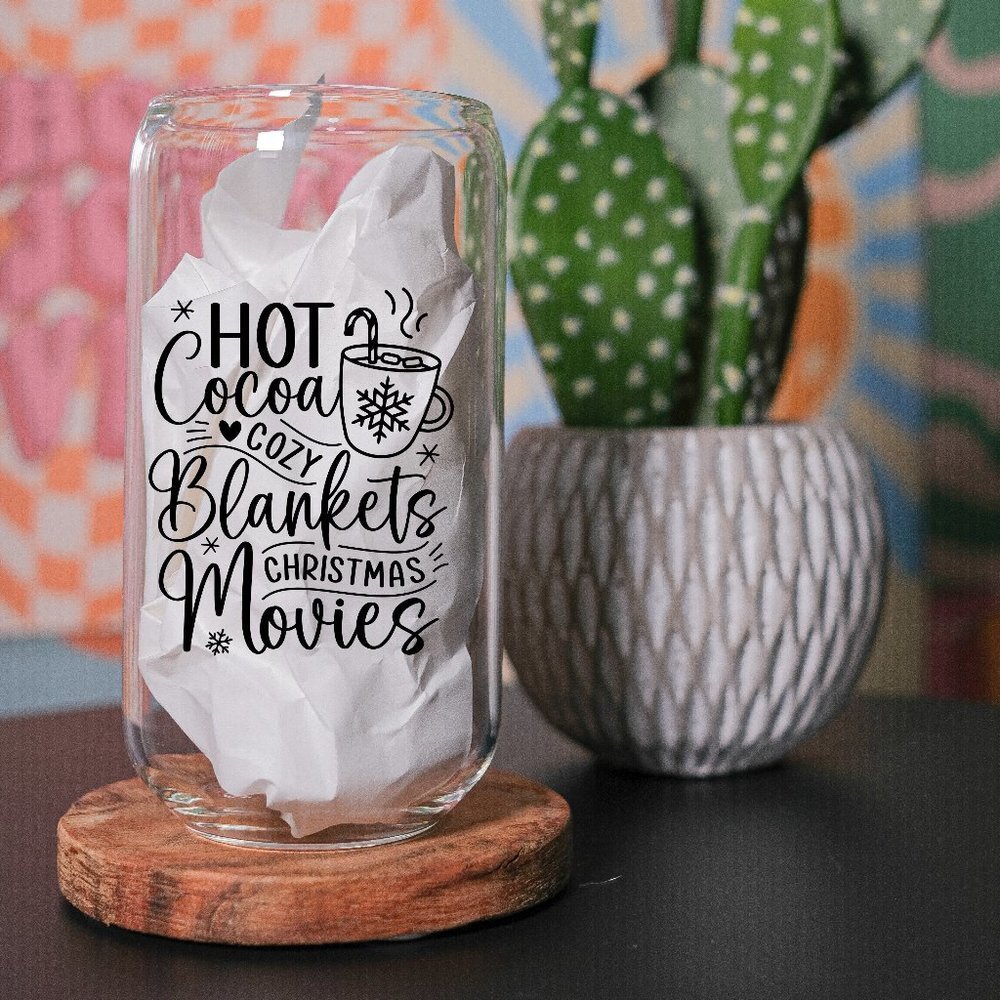 Hot Cocoa and Cozy Blankets Libbey Black Lettering Glass Can